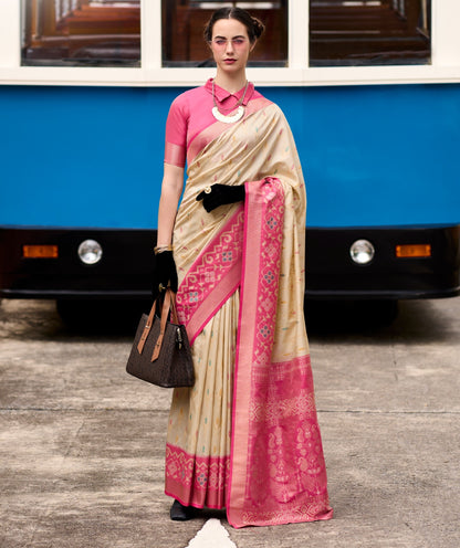 Ethnic Motifs Woven Design Zari Pure Silk Ikat Saree